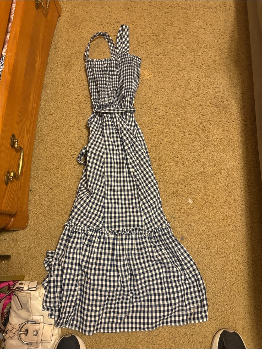 Nautica Navy and White Gingham One-Shoulder Maxi Dress